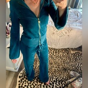 Y2K Twisted Heart Teal Velour Zip Hoodie & pants set with Gold Hardware